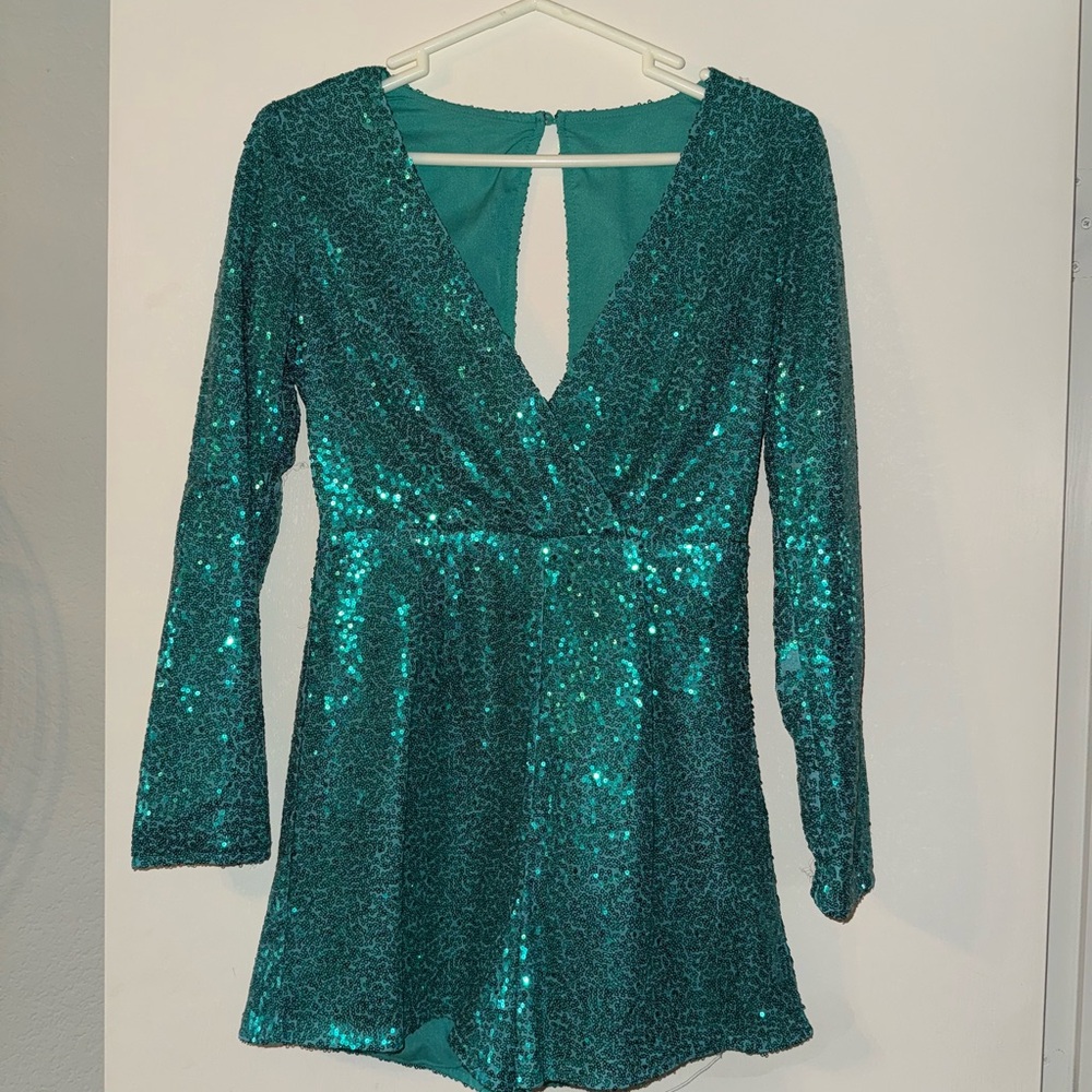 Teal Sequin Long Sleeve Dress
